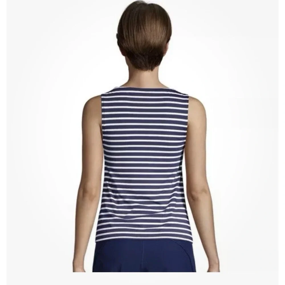 Lands End 14D Swimsuit‎ Tankini Tank Top Navy Blue Stripe High Neck UPF50 NWOT